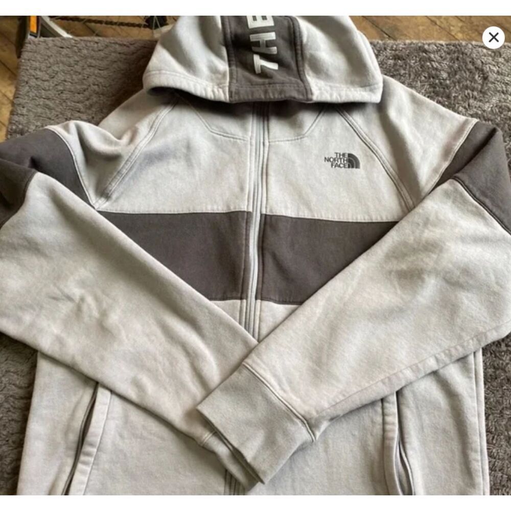 NORTHFACE WOMEN MEDIUM FULL ZIP GREY BLACK SWEATSHIRT WITH SPELLOUT HOOD
